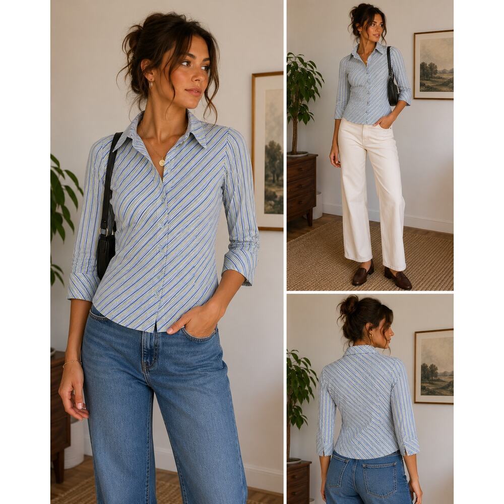 Spense Jeremy Petite Blue Stripe Button Up Shirt PS Cotton Stretch Y2K Office